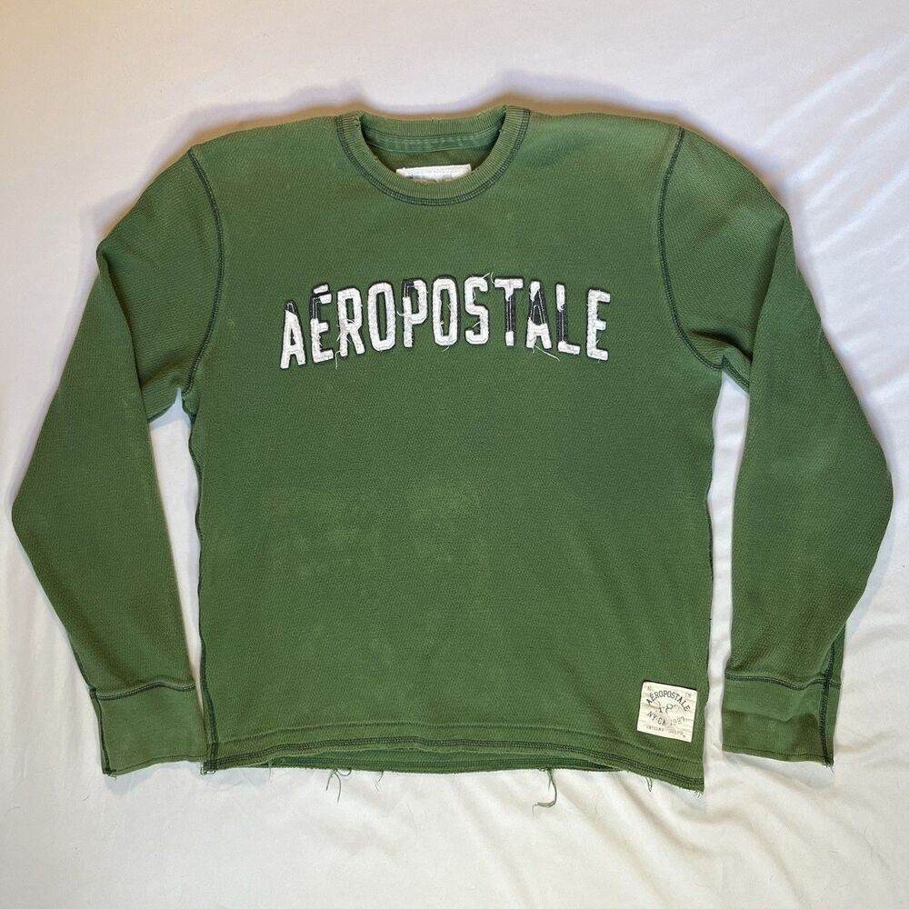 Aeropostale Mens Long Sleeve Shirt Large Green Distressed Puff Print Y2K Thermal